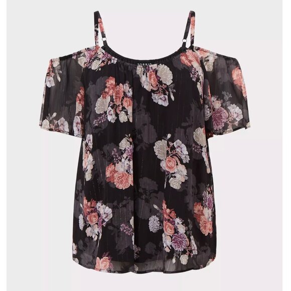 TORRID 2 Plus Size Black Floral Lurex Cold Shoulder Top Pink Floral Short Sleeve - Picture 4 of 16